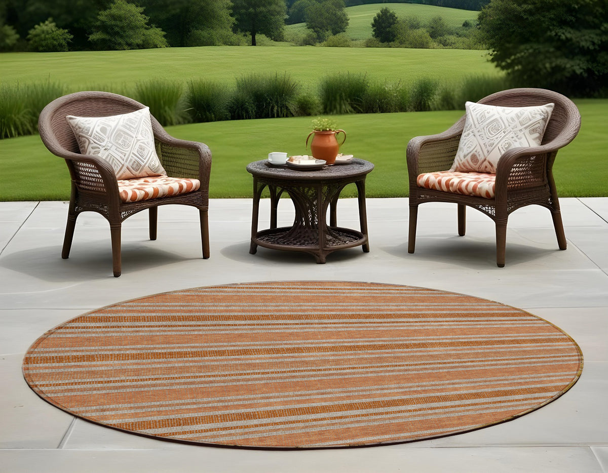 8' Round Beige And Orange Round Striped Washable Non Skid Indoor Outdoor Area Rug