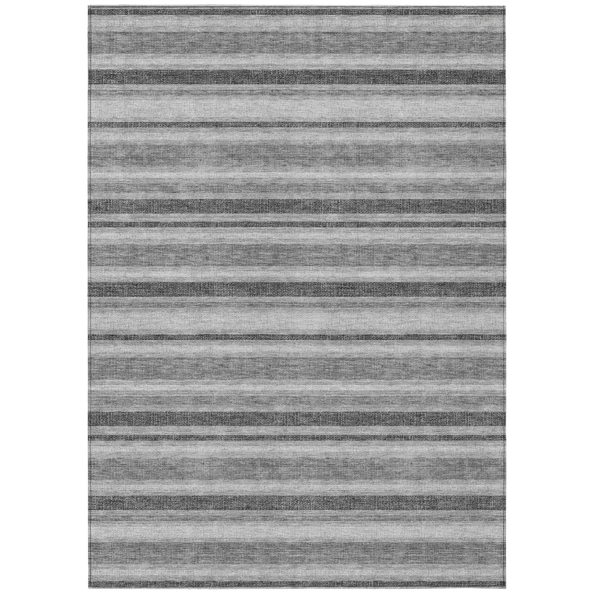 10' X 14' Black Silver And Gray Striped Washable Non Skid Indoor Outdoor Area Rug