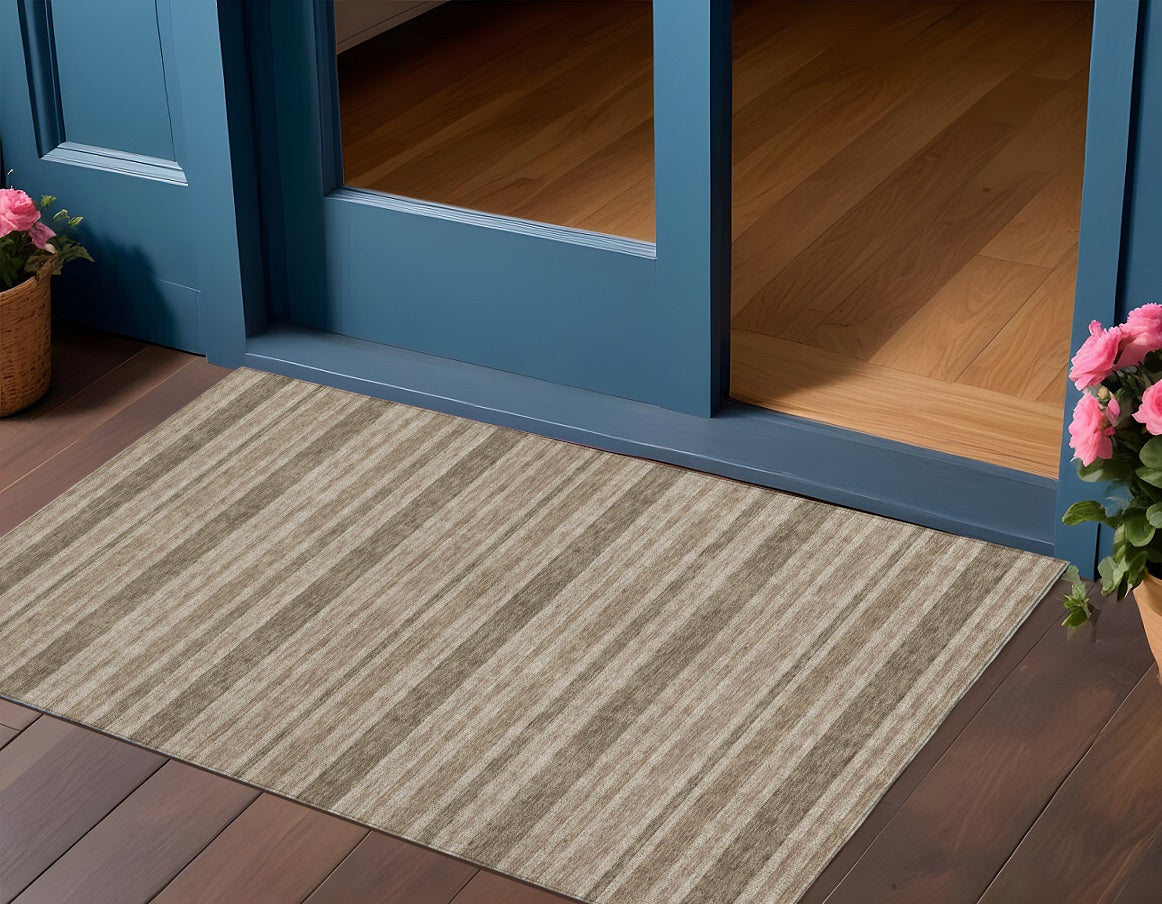 2' X 3' Taupe Striped Washable Non Skid Indoor Outdoor Area Rug