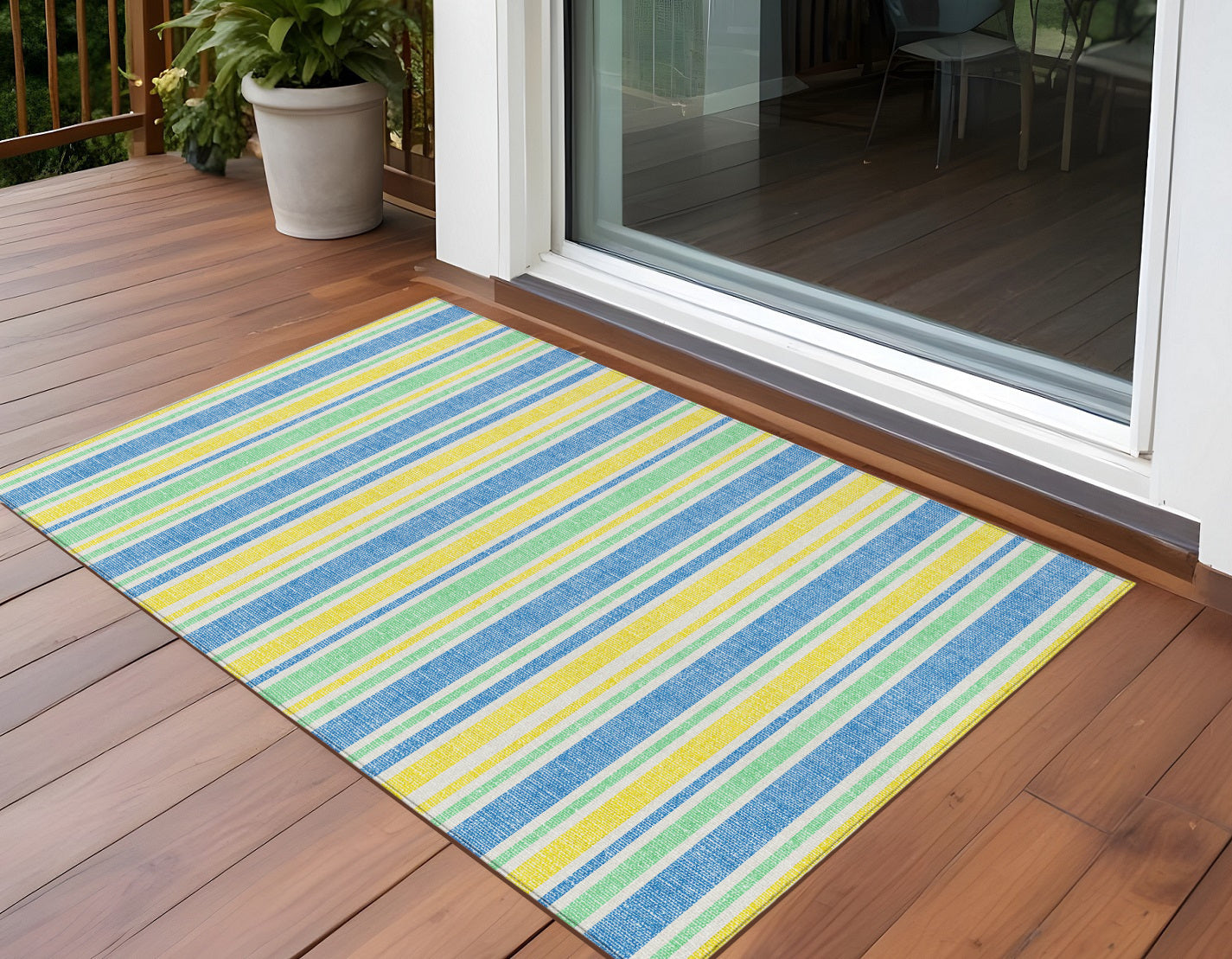 2' X 3' Yellow Striped Washable Non Skid Indoor Outdoor Area Rug
