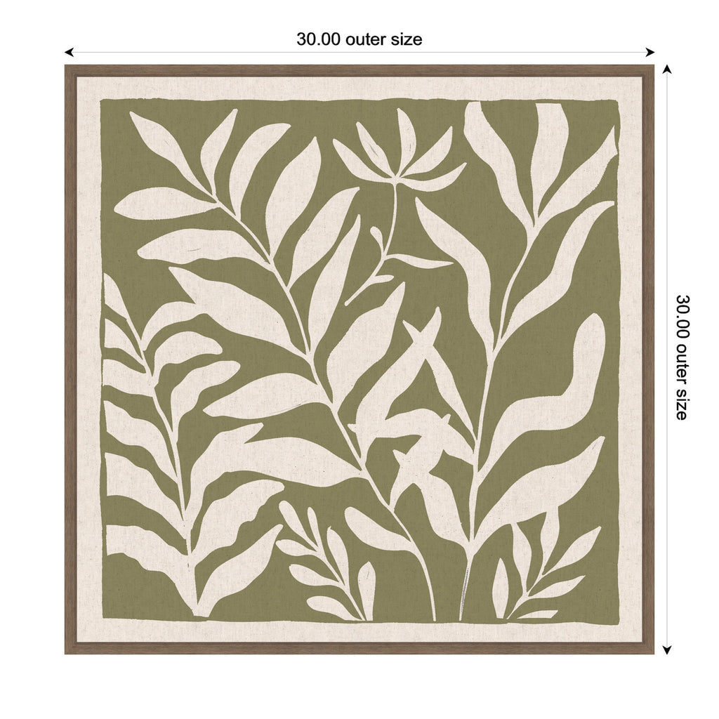 Sylvie Modern Minimalist Botanical Green and Neutral Linen Framed Canvas by The Creative Bunch Studio
