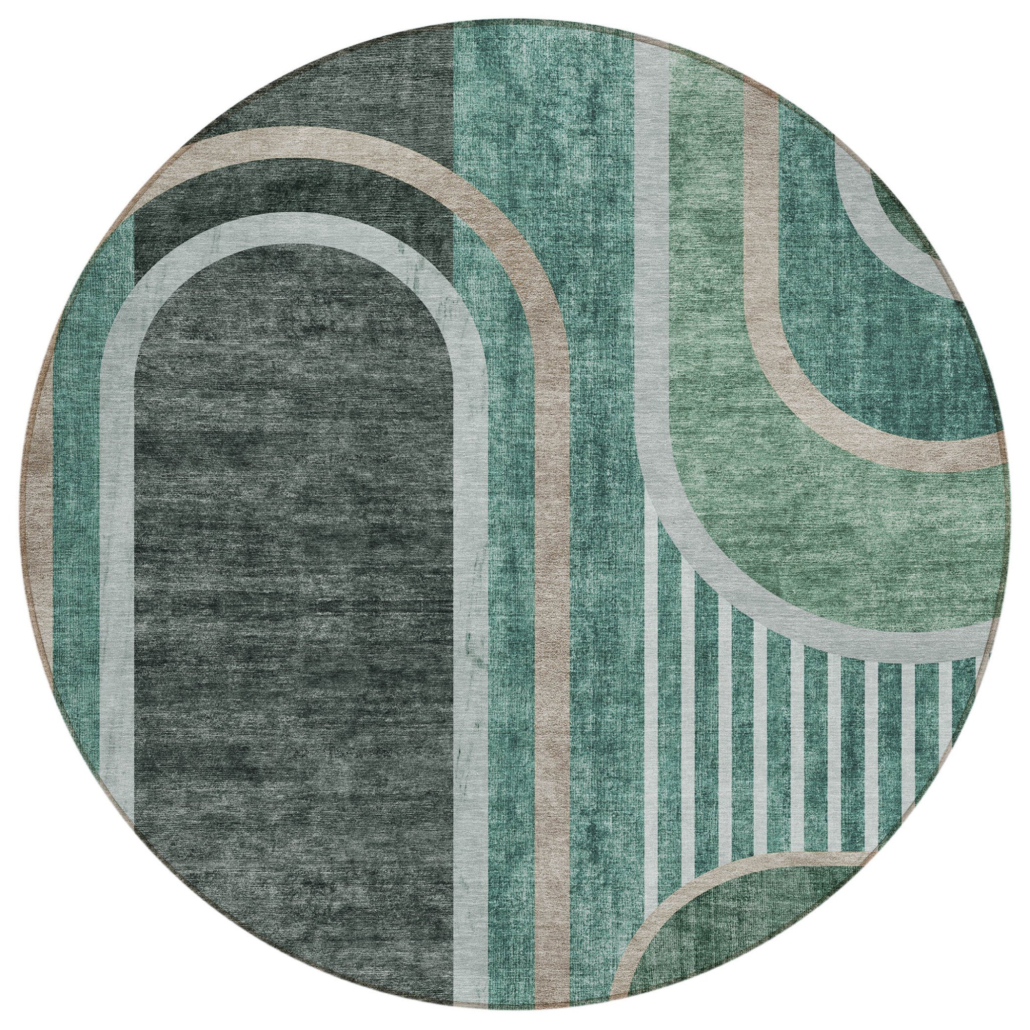 8' Round Black And Green Round Abstract Washable Non Skid Indoor Outdoor Area Rug