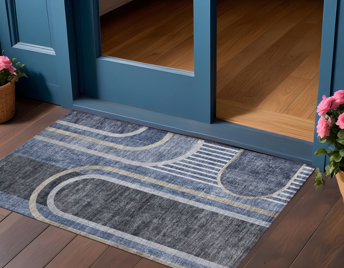 2' X 3' Blue And Black Abstract Washable Non Skid Indoor Outdoor Area Rug