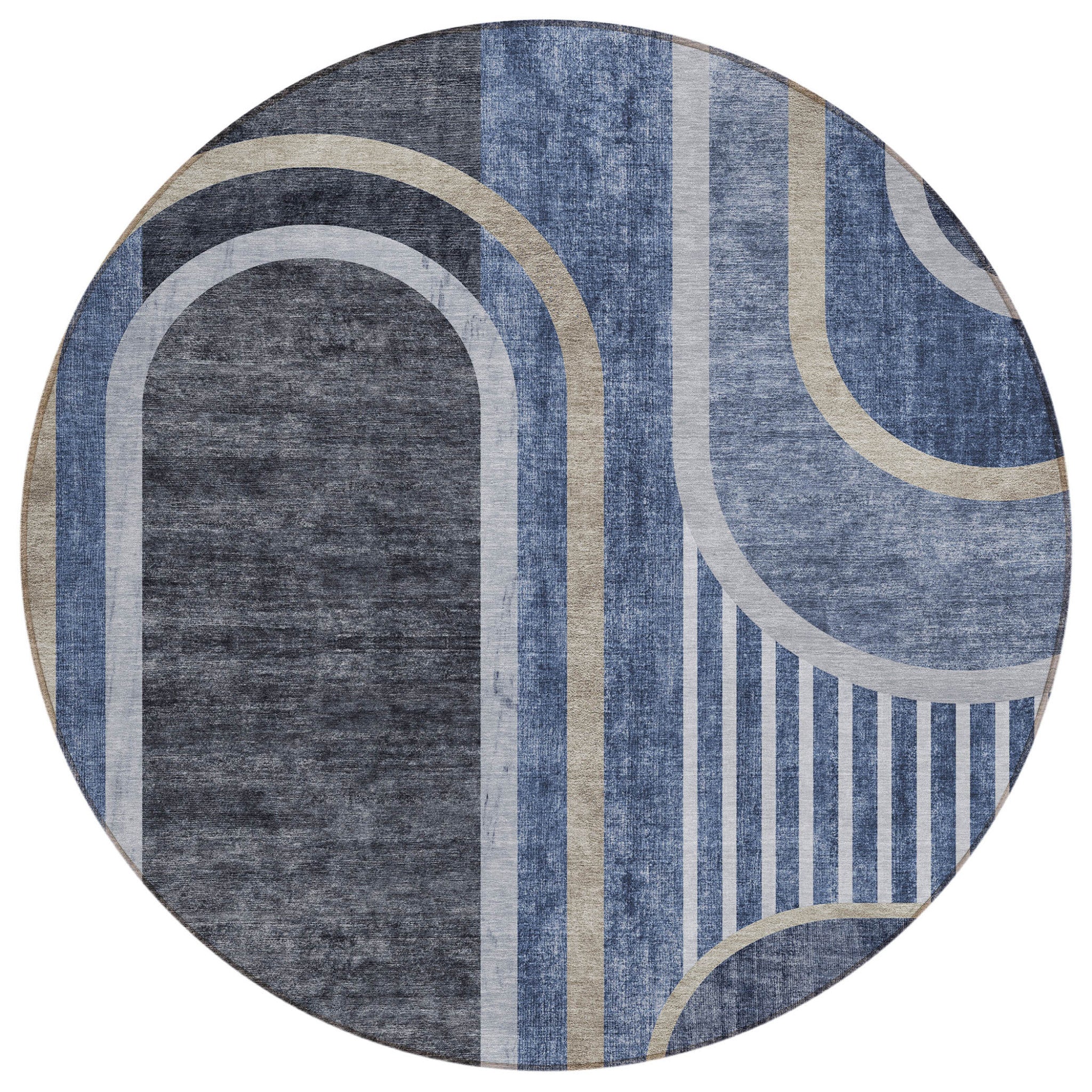 8' Round Blue And Black Round Abstract Washable Non Skid Indoor Outdoor Area Rug
