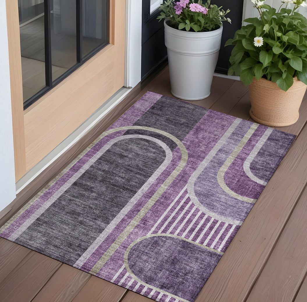 3' X 5' Purple And Black Abstract Washable Non Skid Indoor Outdoor Area Rug