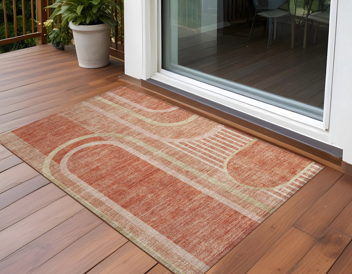 3' X 5' Salmon Abstract Washable Non Skid Indoor Outdoor Area Rug