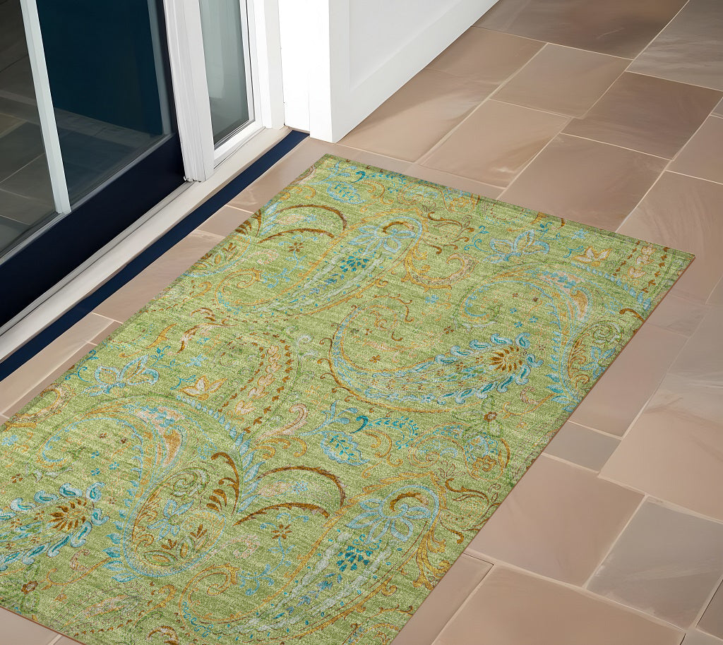 2' X 3' Artichoke Green Paisley Washable Non Skid Indoor Outdoor Area Rug