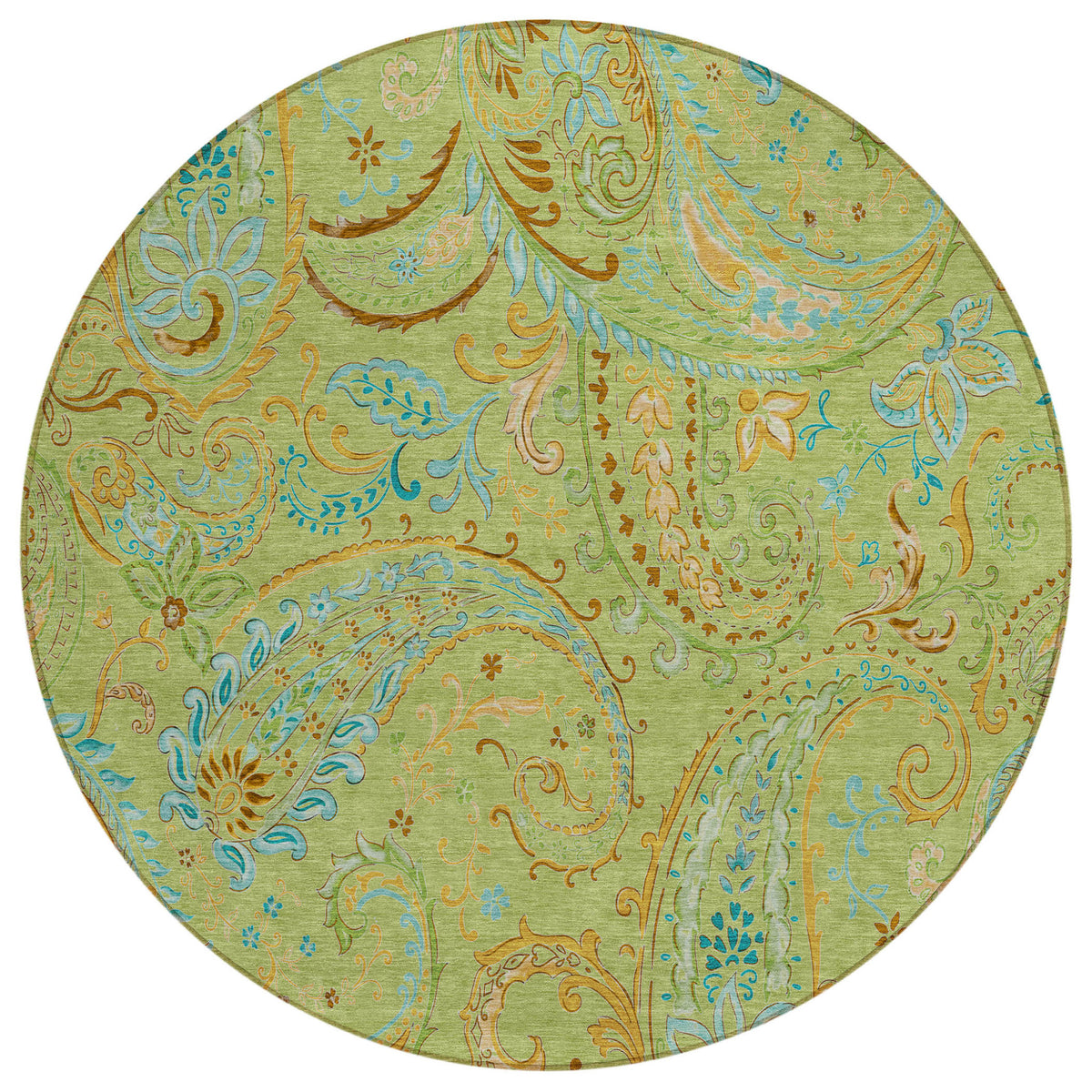 8' Round Artichoke Green Round Paisley Washable Non Skid Indoor Outdoor Area Rug