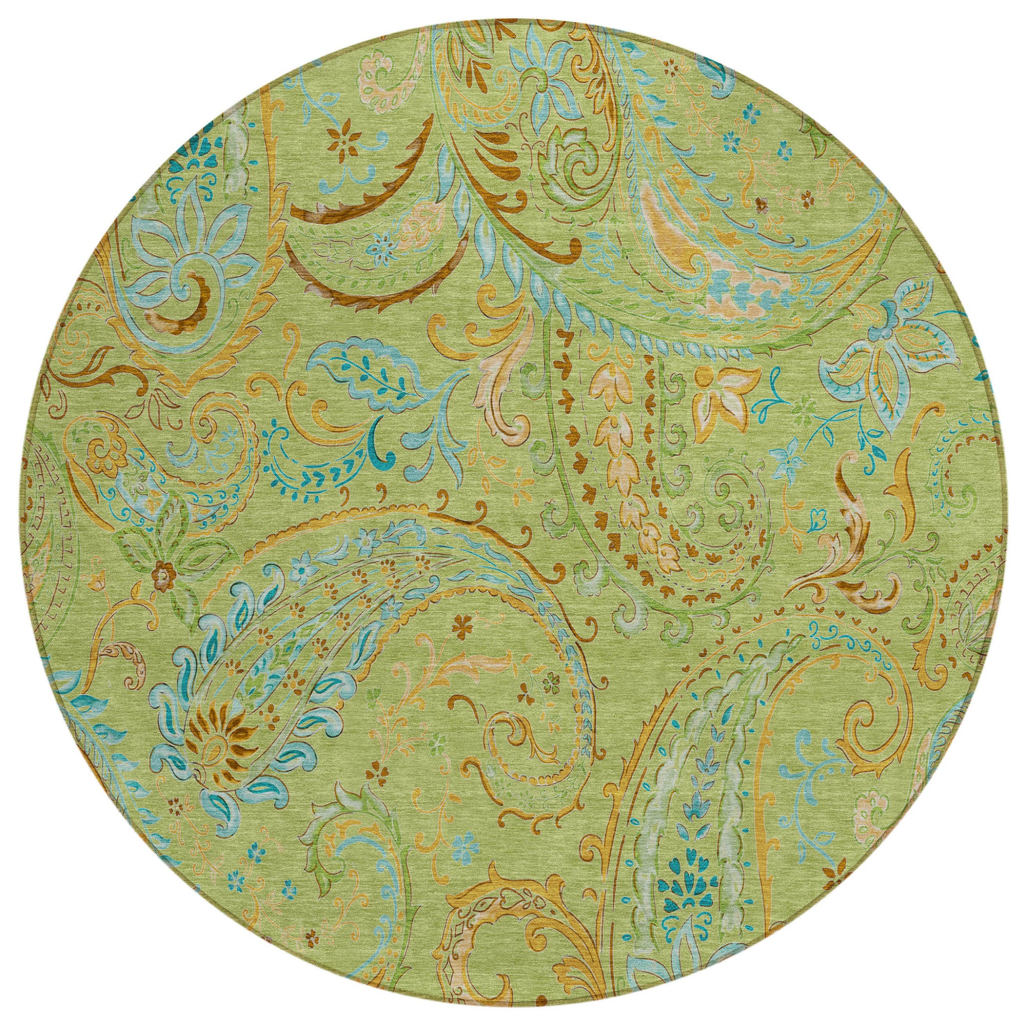 8' Round Artichoke Green Round Paisley Washable Non Skid Indoor Outdoor Area Rug