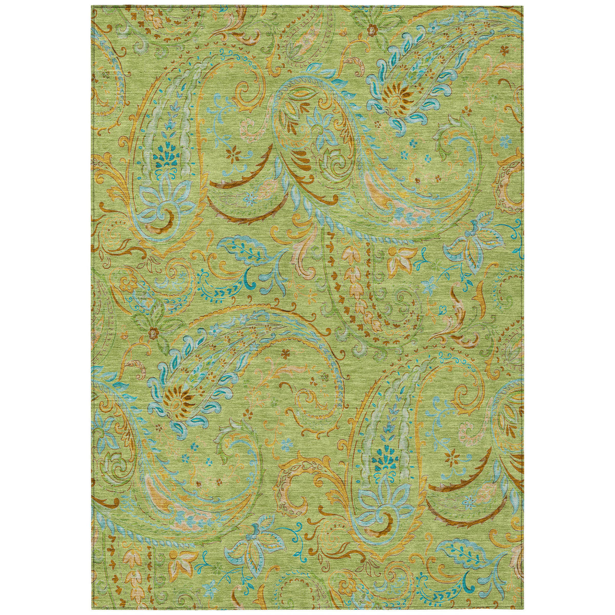 9' X 12' Artichoke Green Paisley Washable Non Skid Indoor Outdoor Area Rug