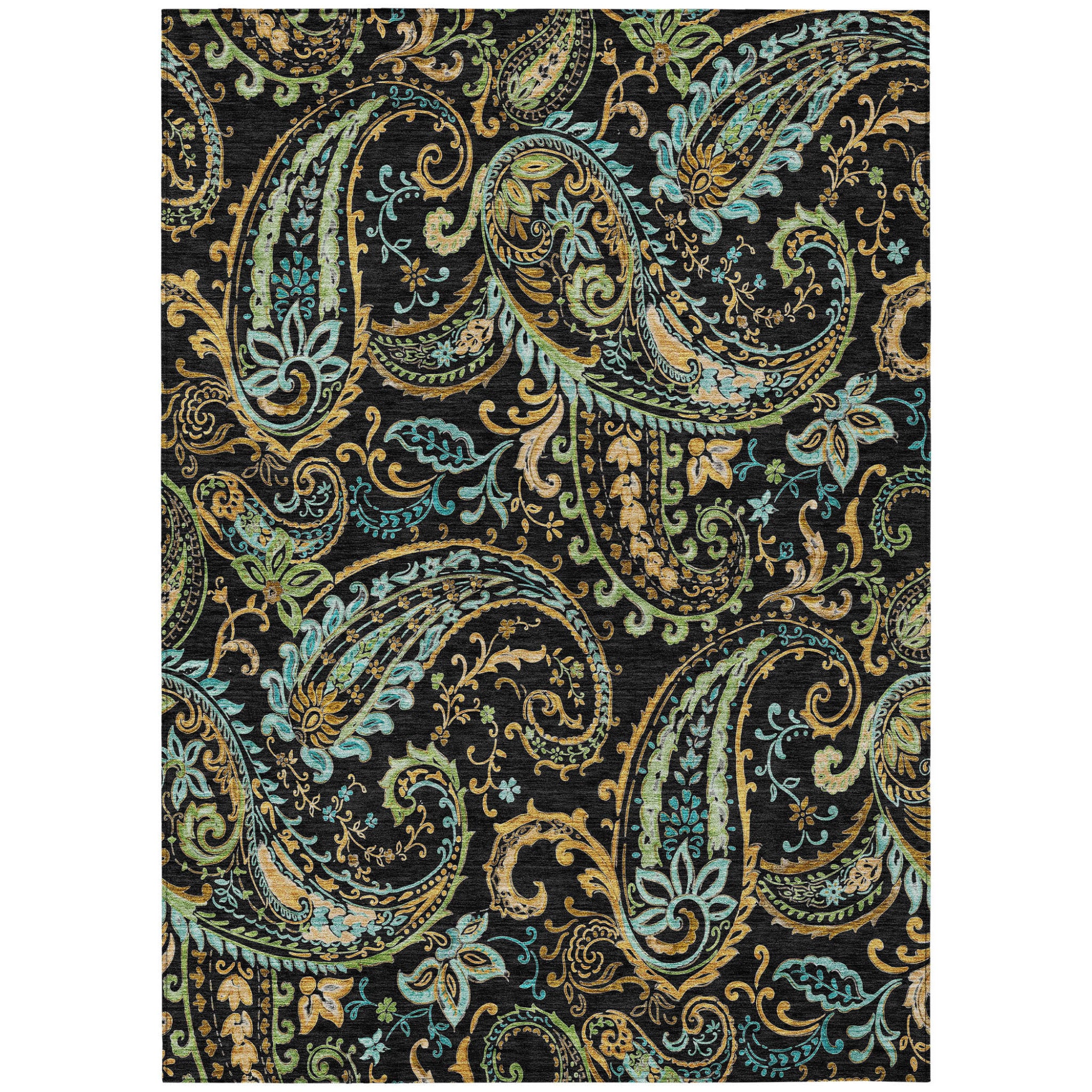 5' X 8' Black And Gold Paisley Washable Non Skid Indoor Outdoor Area Rug