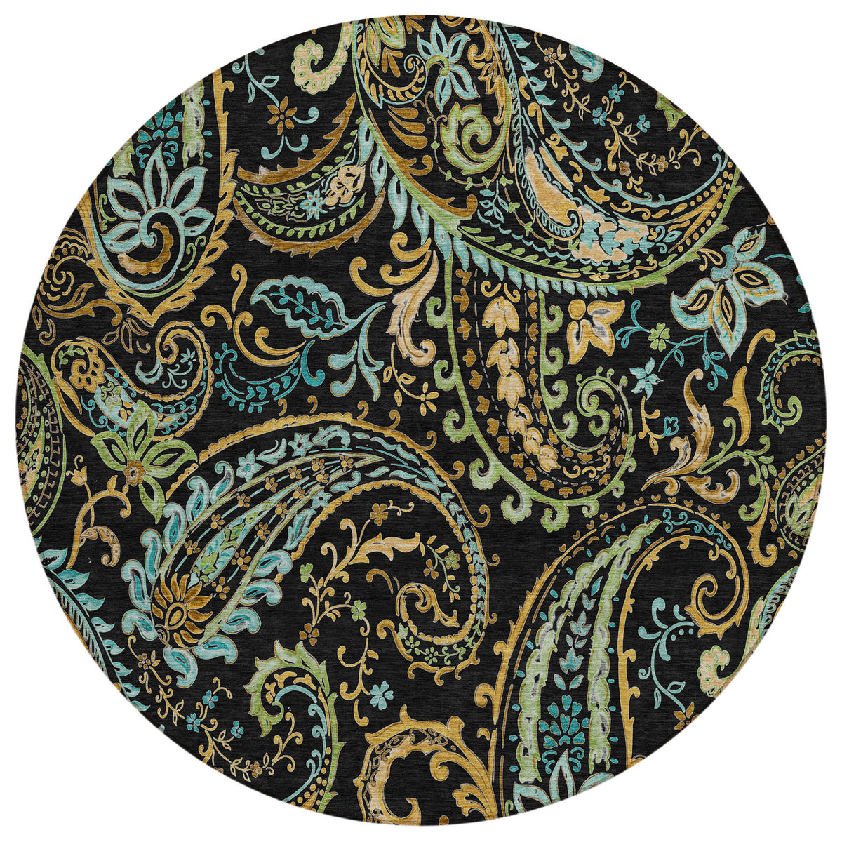 8' Round Black And Gold Round Paisley Washable Non Skid Indoor Outdoor Area Rug