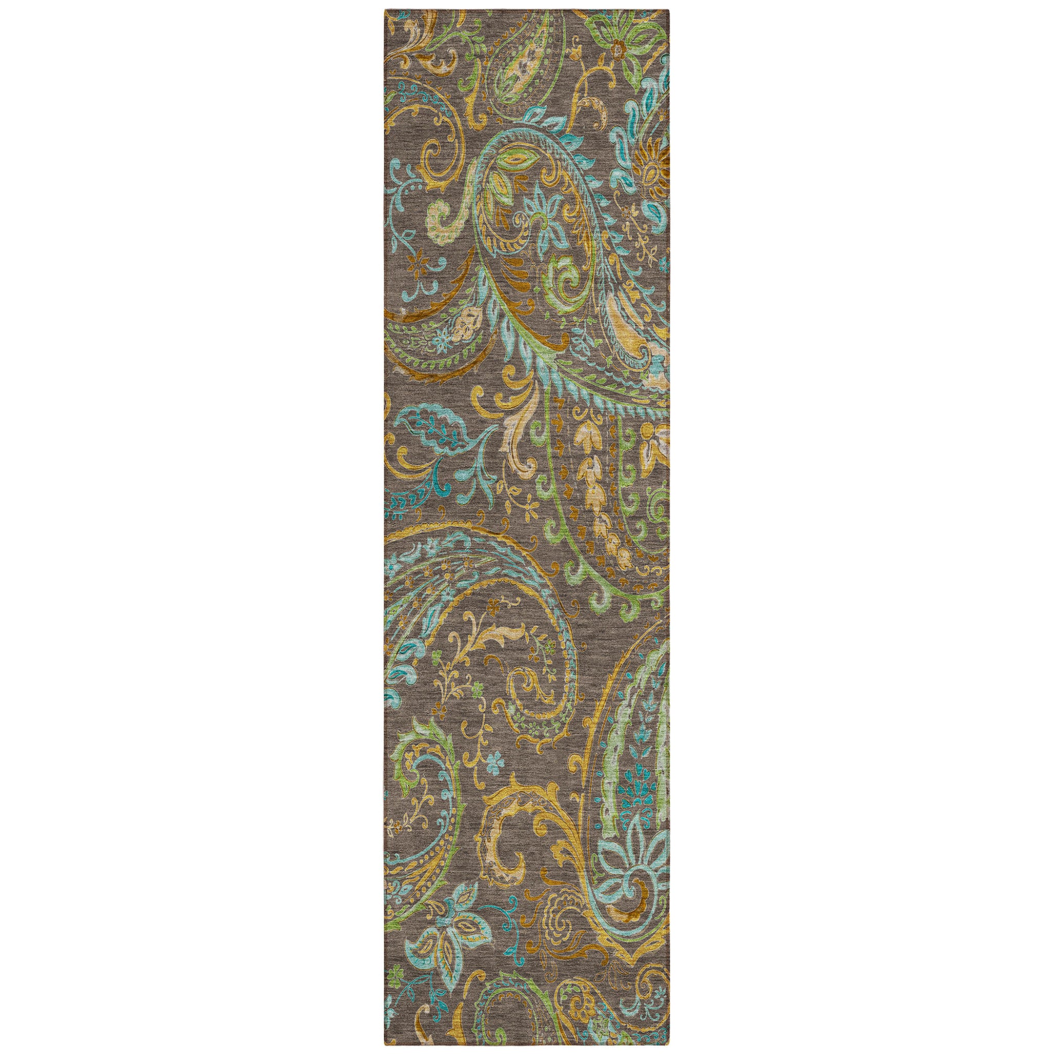 8' Runner Chocolate Paisley Washable Non Skid Indoor Outdoor Runner Rug