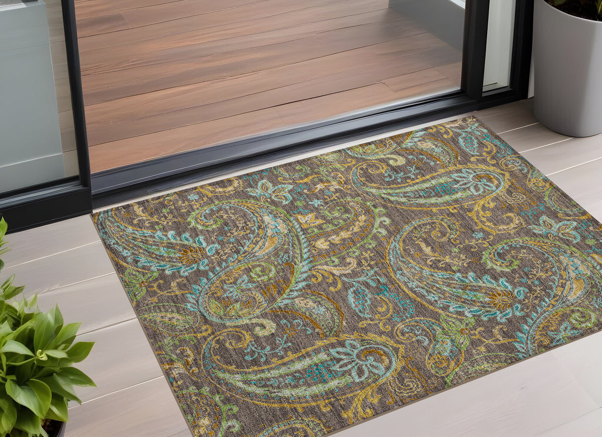 3' X 5' Chocolate Paisley Washable Non Skid Indoor Outdoor Area Rug