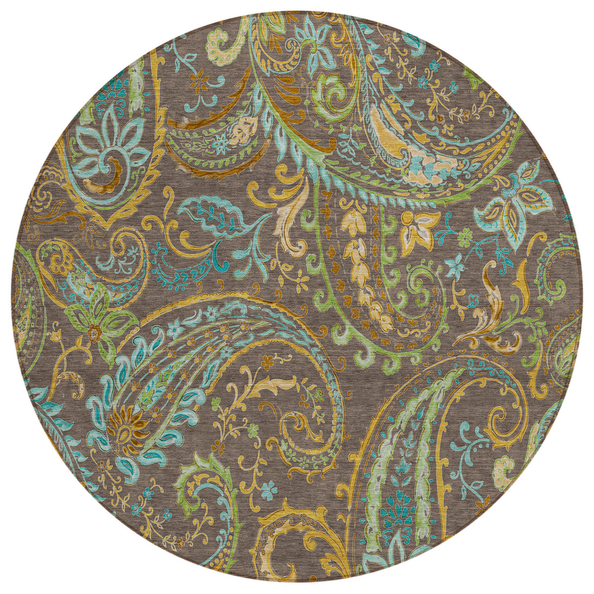 8' Round Chocolate Round Paisley Washable Non Skid Indoor Outdoor Area Rug