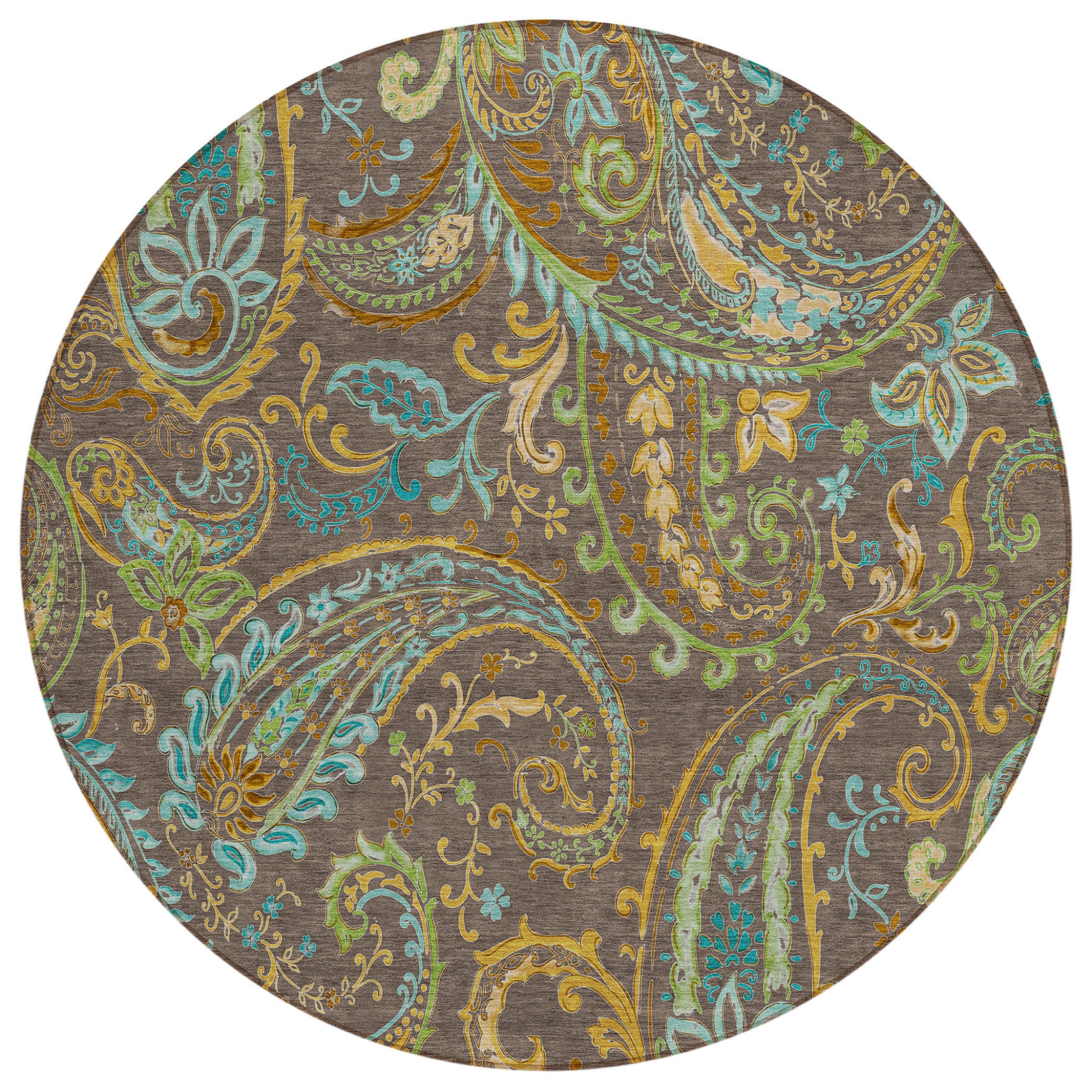 8' Round Chocolate Round Paisley Washable Non Skid Indoor Outdoor Area Rug