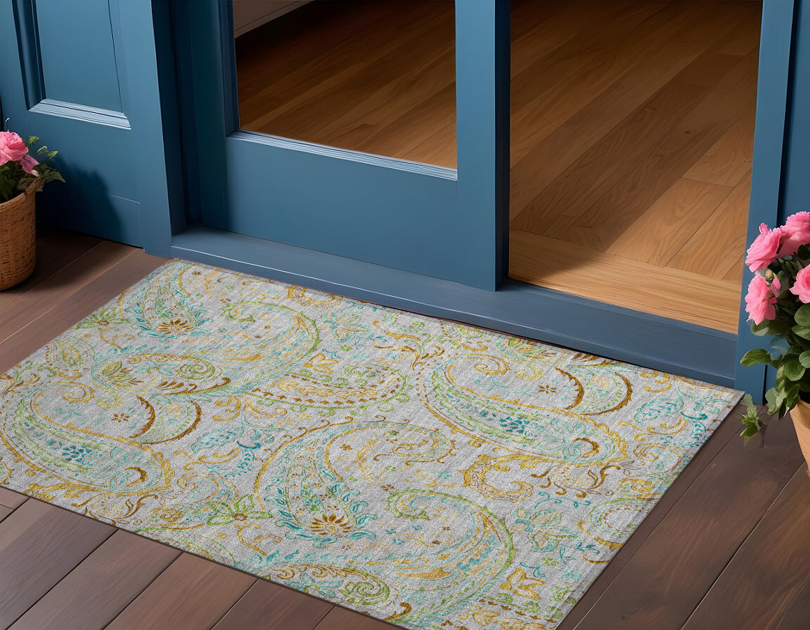 2' X 3' Gray And Gold Paisley Washable Non Skid Indoor Outdoor Area Rug