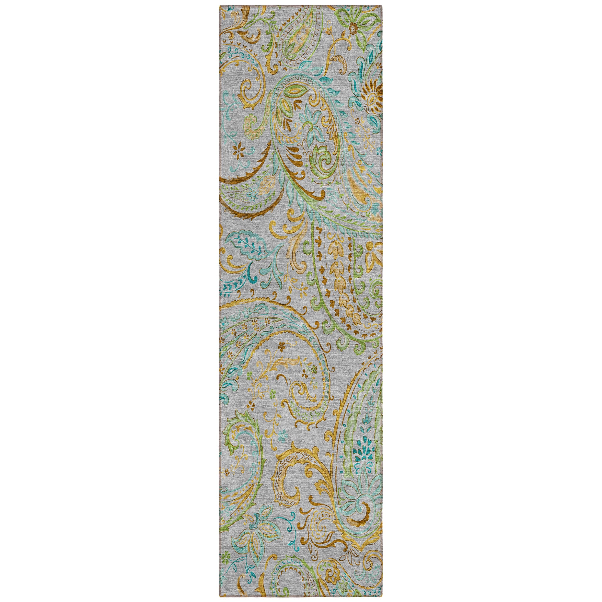 8' Runner Gray And Gold Paisley Washable Non Skid Indoor Outdoor Runner Rug