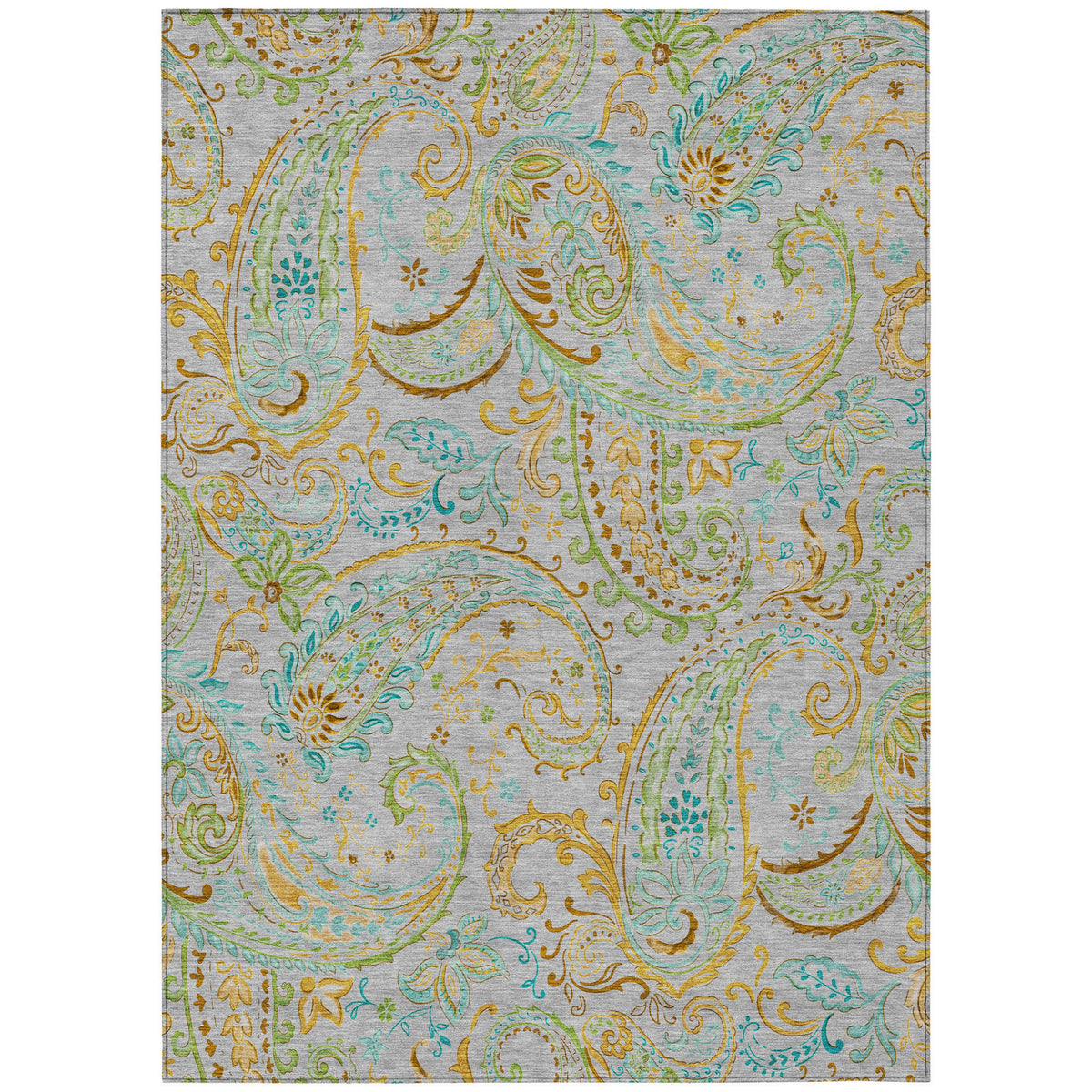 5' X 8' Gray And Gold Paisley Washable Non Skid Indoor Outdoor Area Rug