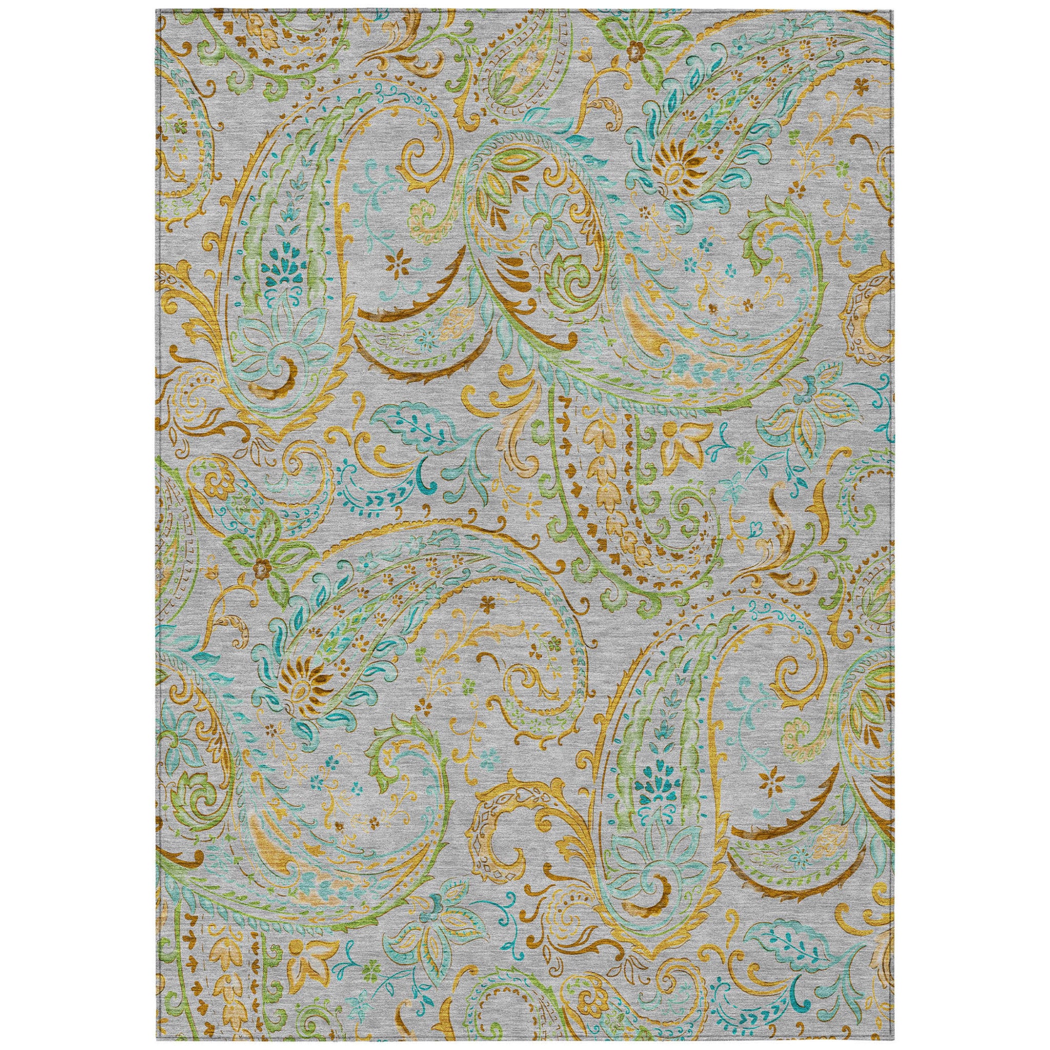 5' X 8' Gray And Gold Paisley Washable Non Skid Indoor Outdoor Area Rug