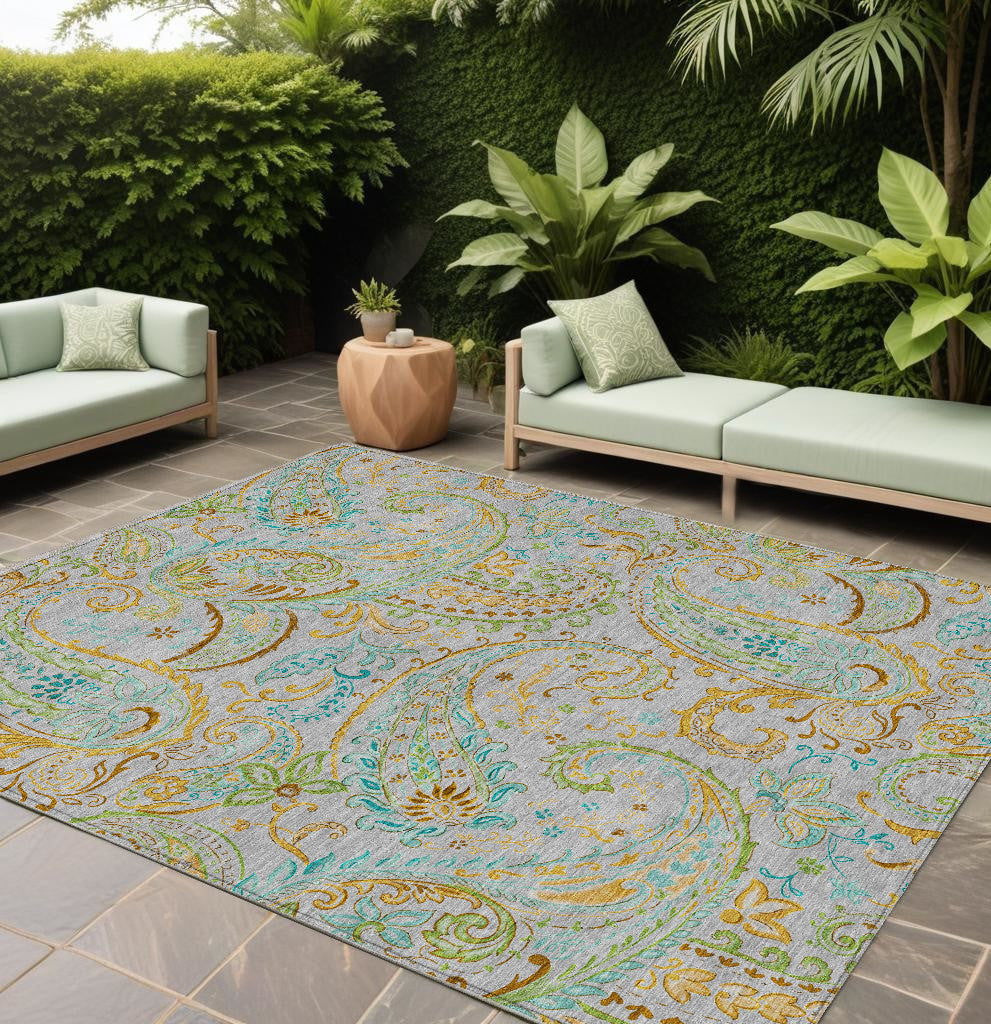 9' X 12' Gray And Gold Paisley Washable Non Skid Indoor Outdoor Area Rug