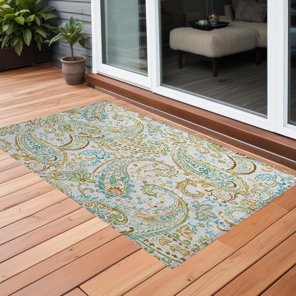3' X 5' Ivory And Gold Paisley Washable Non Skid Indoor Outdoor Area Rug