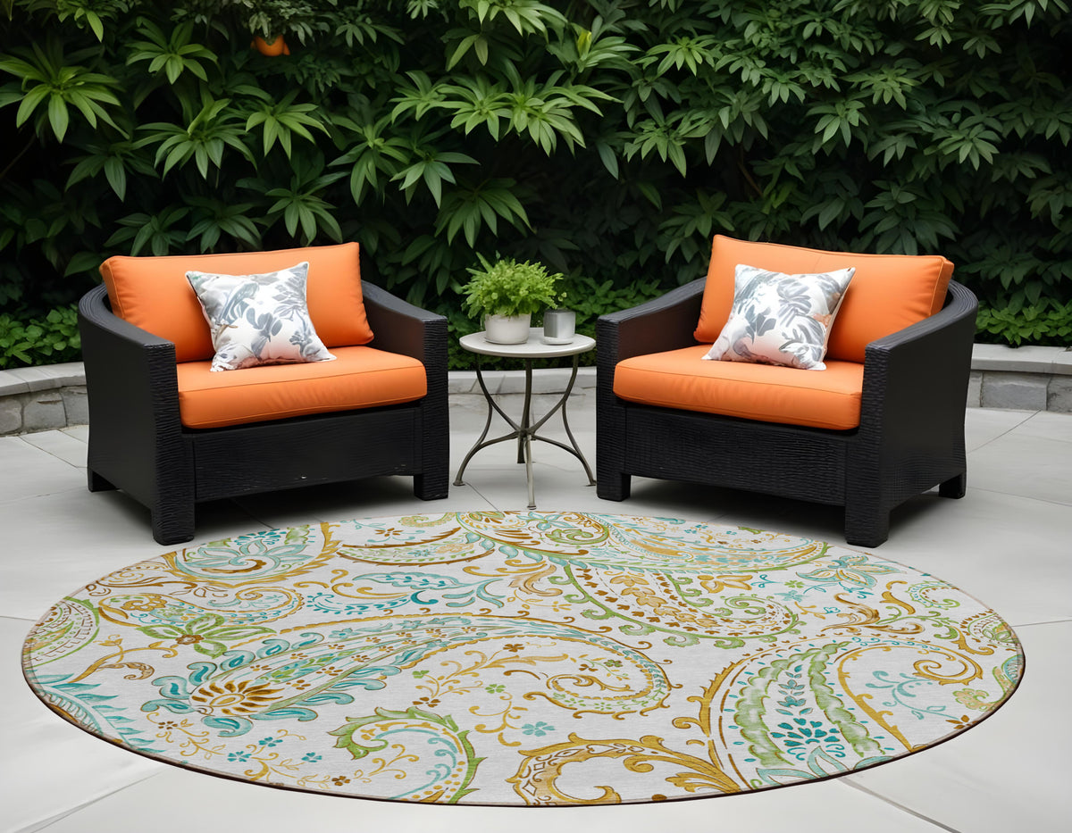 8' Round Ivory And Gold Round Paisley Washable Non Skid Indoor Outdoor Area Rug