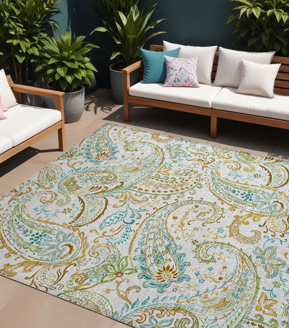 9' X 12' Ivory And Gold Paisley Washable Non Skid Indoor Outdoor Area Rug