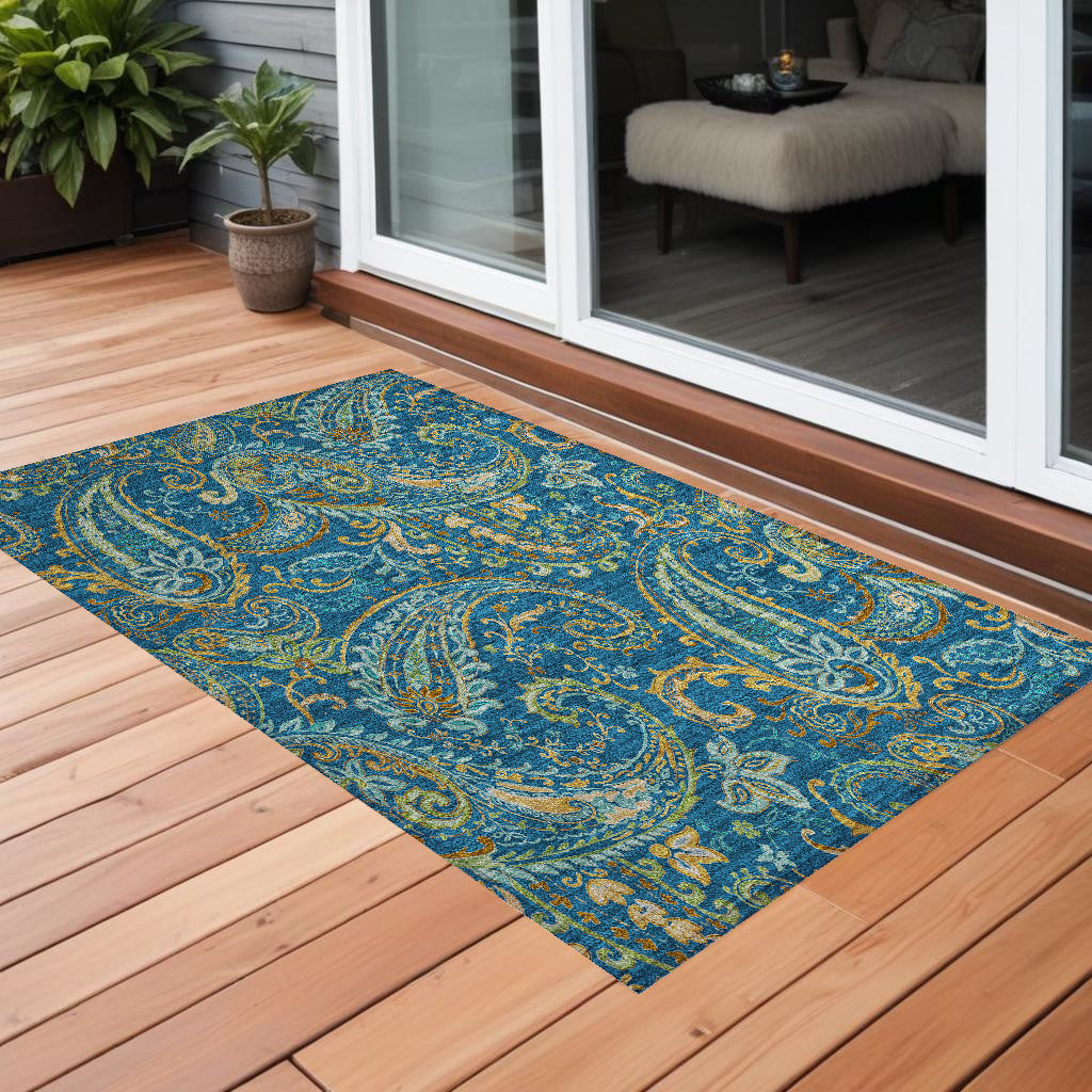 3' X 5' Navy Blue Paisley Washable Non Skid Indoor Outdoor Area Rug