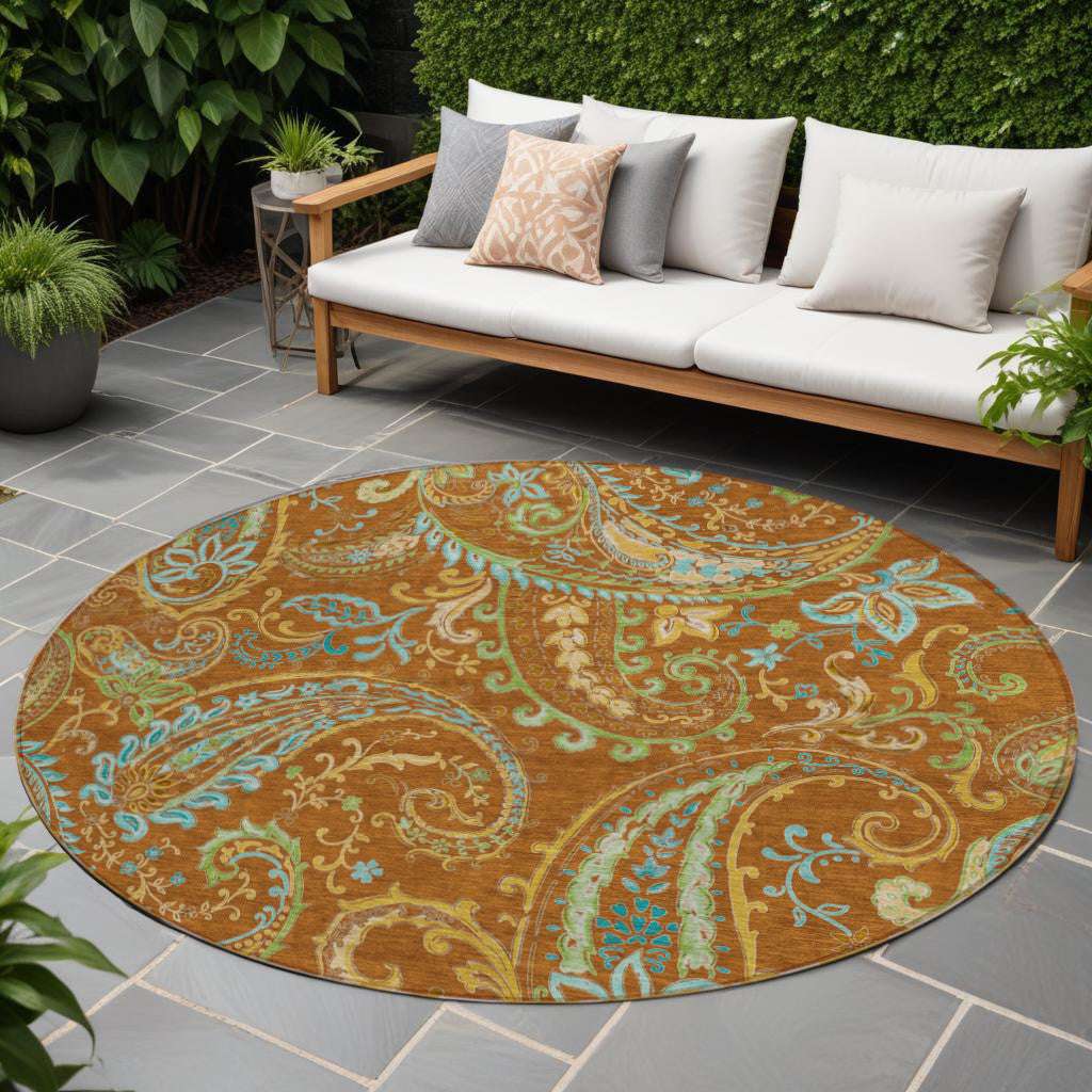 8' Round Orange Round Paisley Washable Non Skid Indoor Outdoor Area Rug