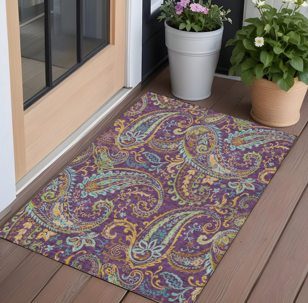 3' X 5' Purple Paisley Washable Non Skid Indoor Outdoor Area Rug