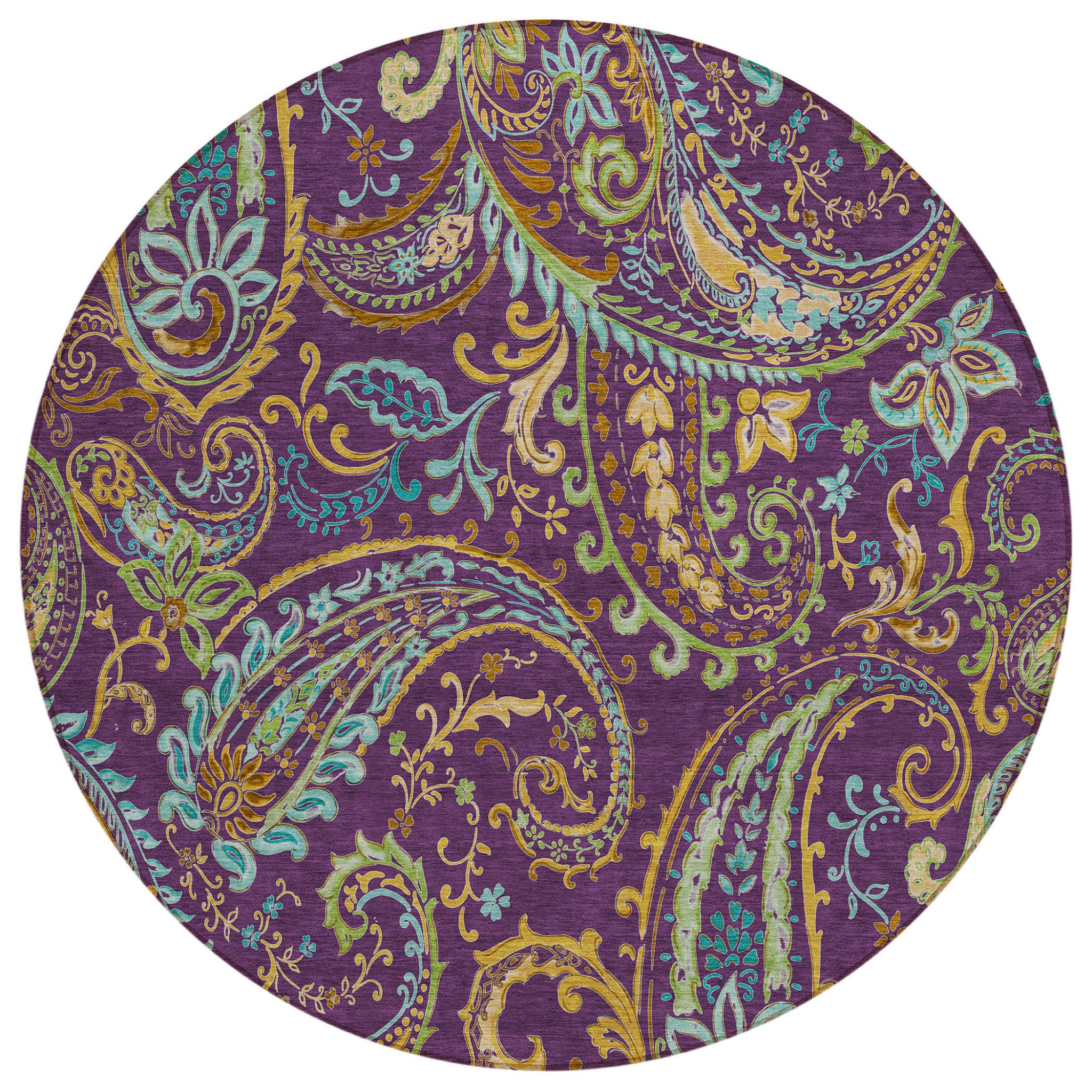 8' Round Purple Round Paisley Washable Non Skid Indoor Outdoor Area Rug
