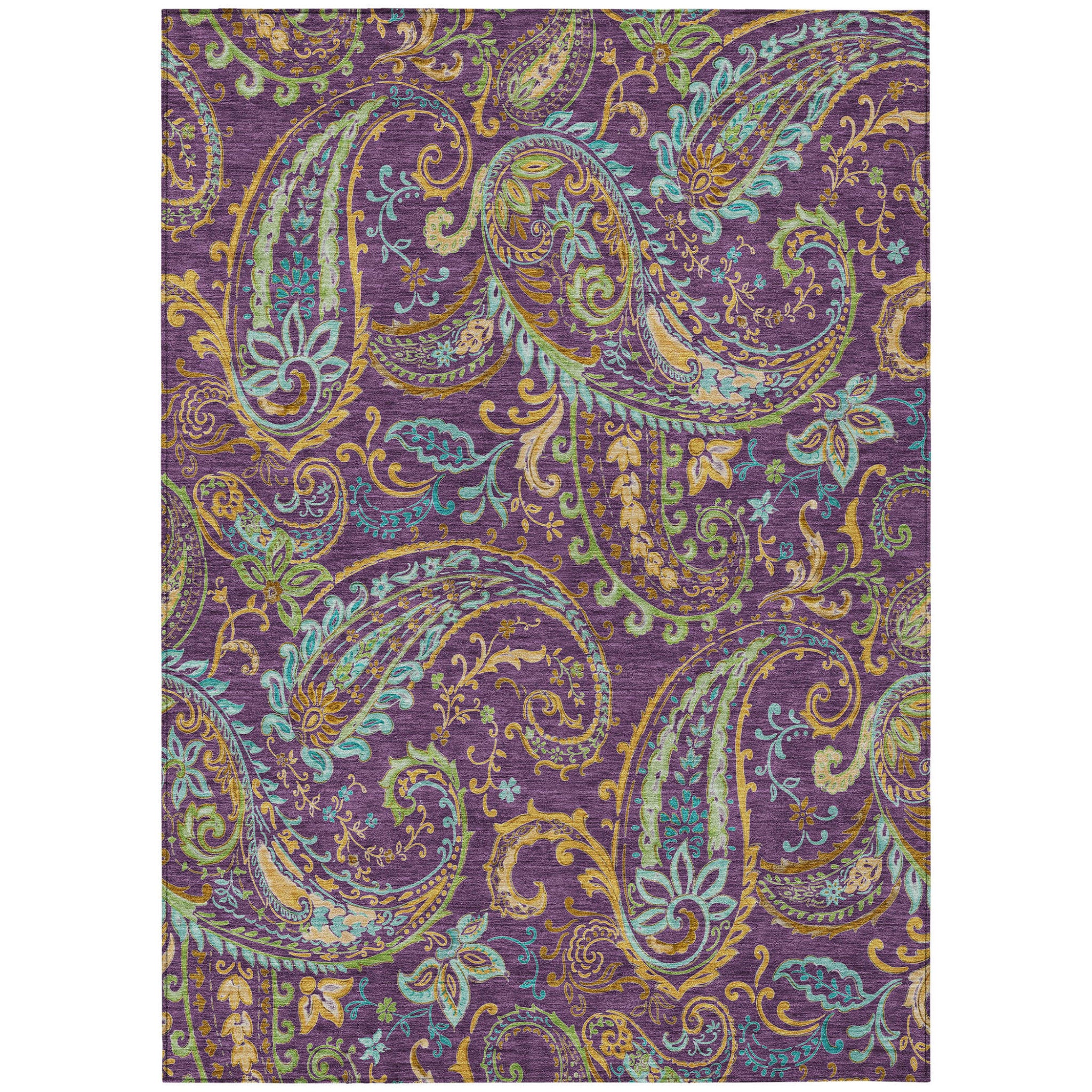 9' X 12' Purple Paisley Washable Non Skid Indoor Outdoor Area Rug