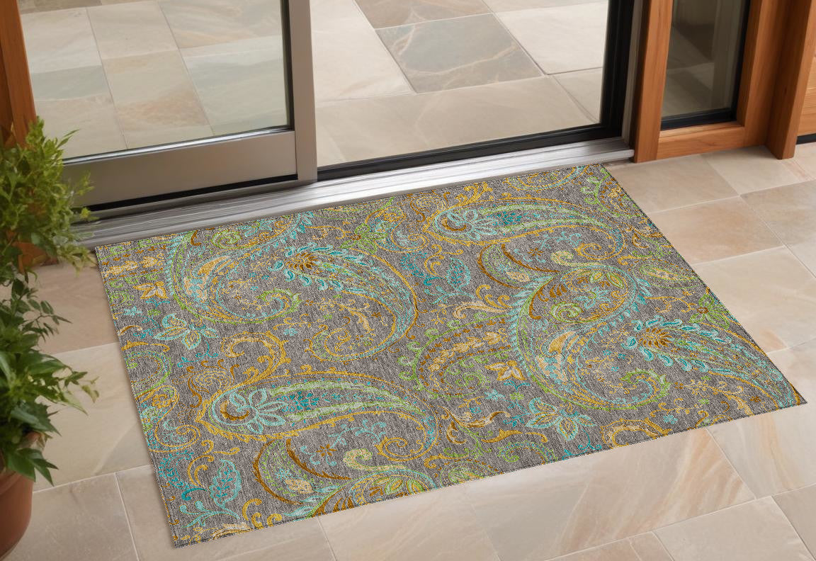 3' X 5' Taupe Paisley Washable Non Skid Indoor Outdoor Area Rug