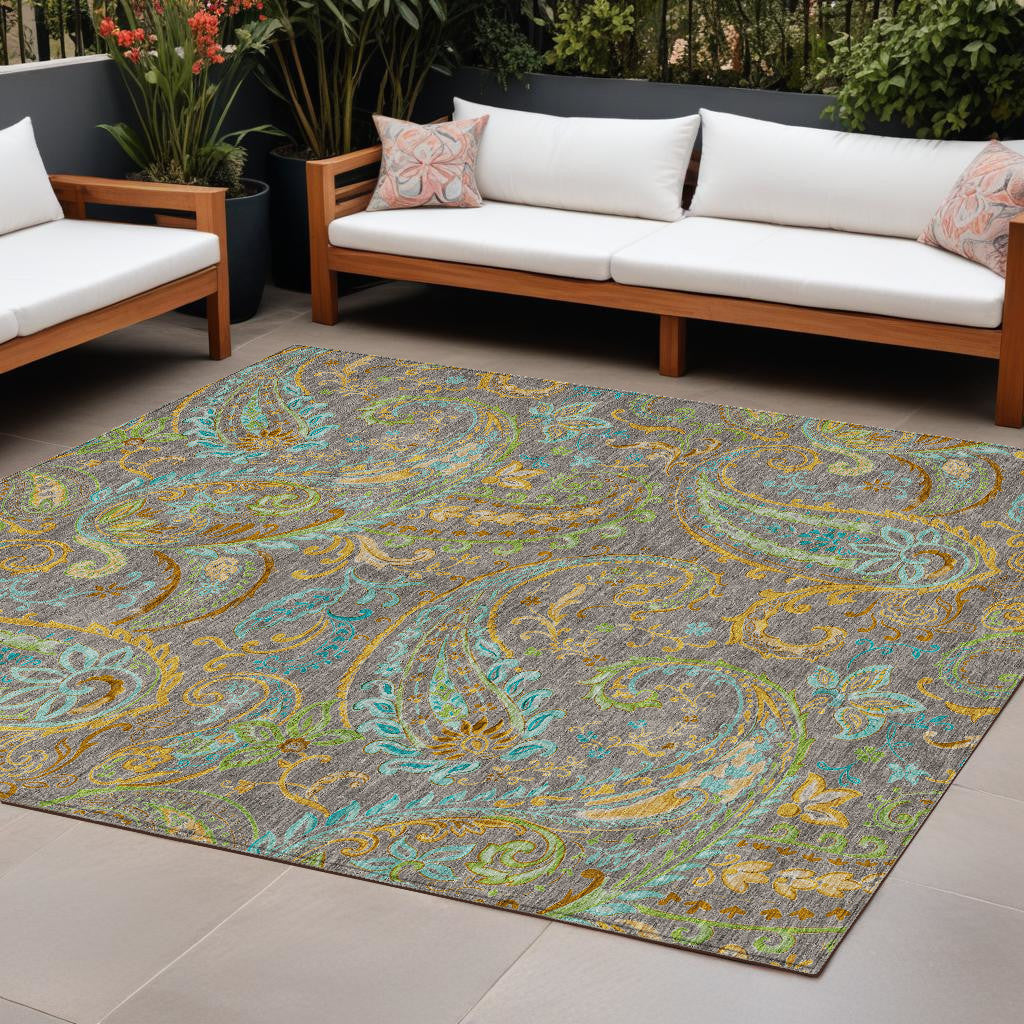 10' X 14' Taupe Paisley Washable Non Skid Indoor Outdoor Area Rug