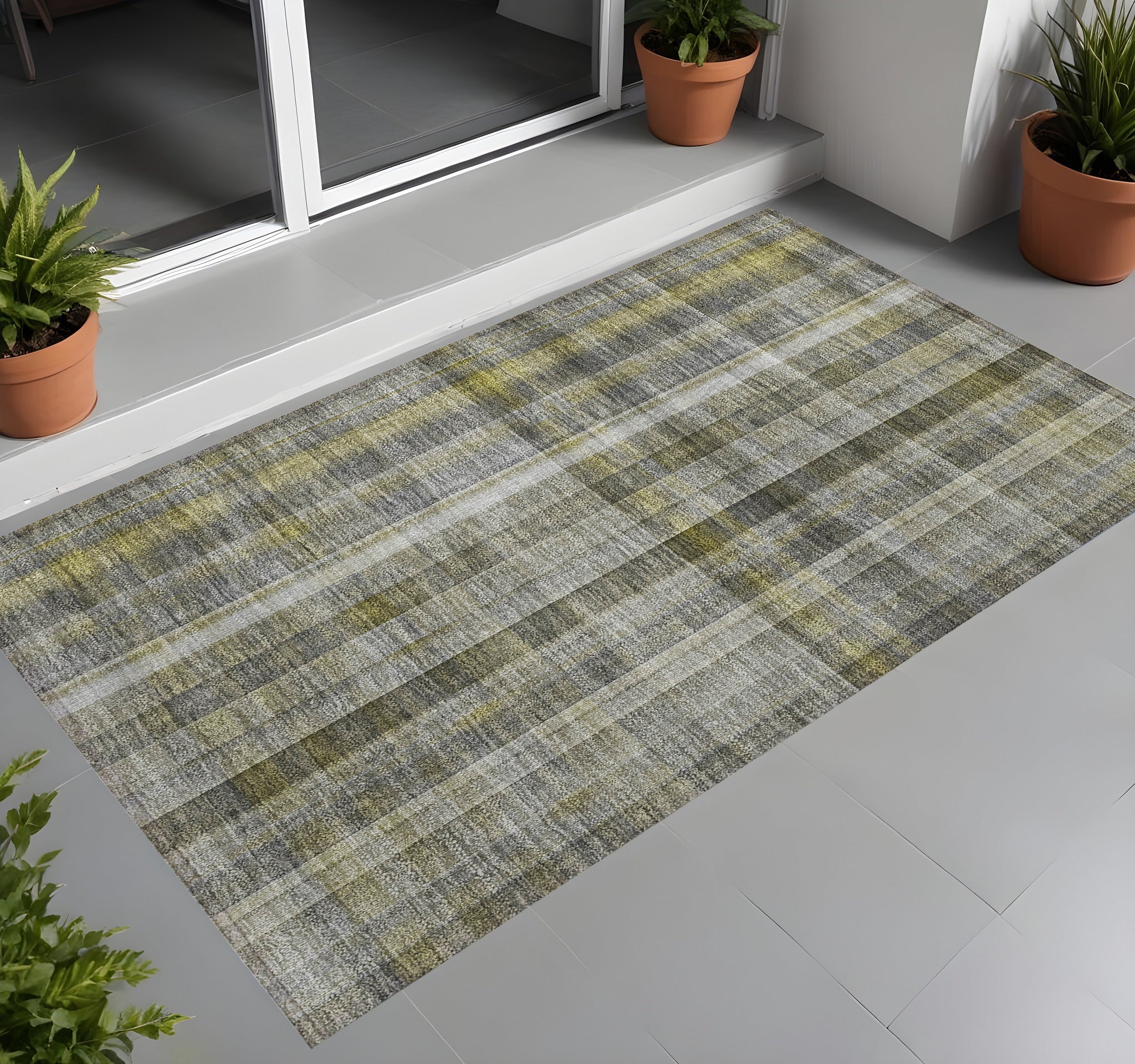 3' X 5' Gray Plaid Washable Non Skid Indoor Outdoor Area Rug