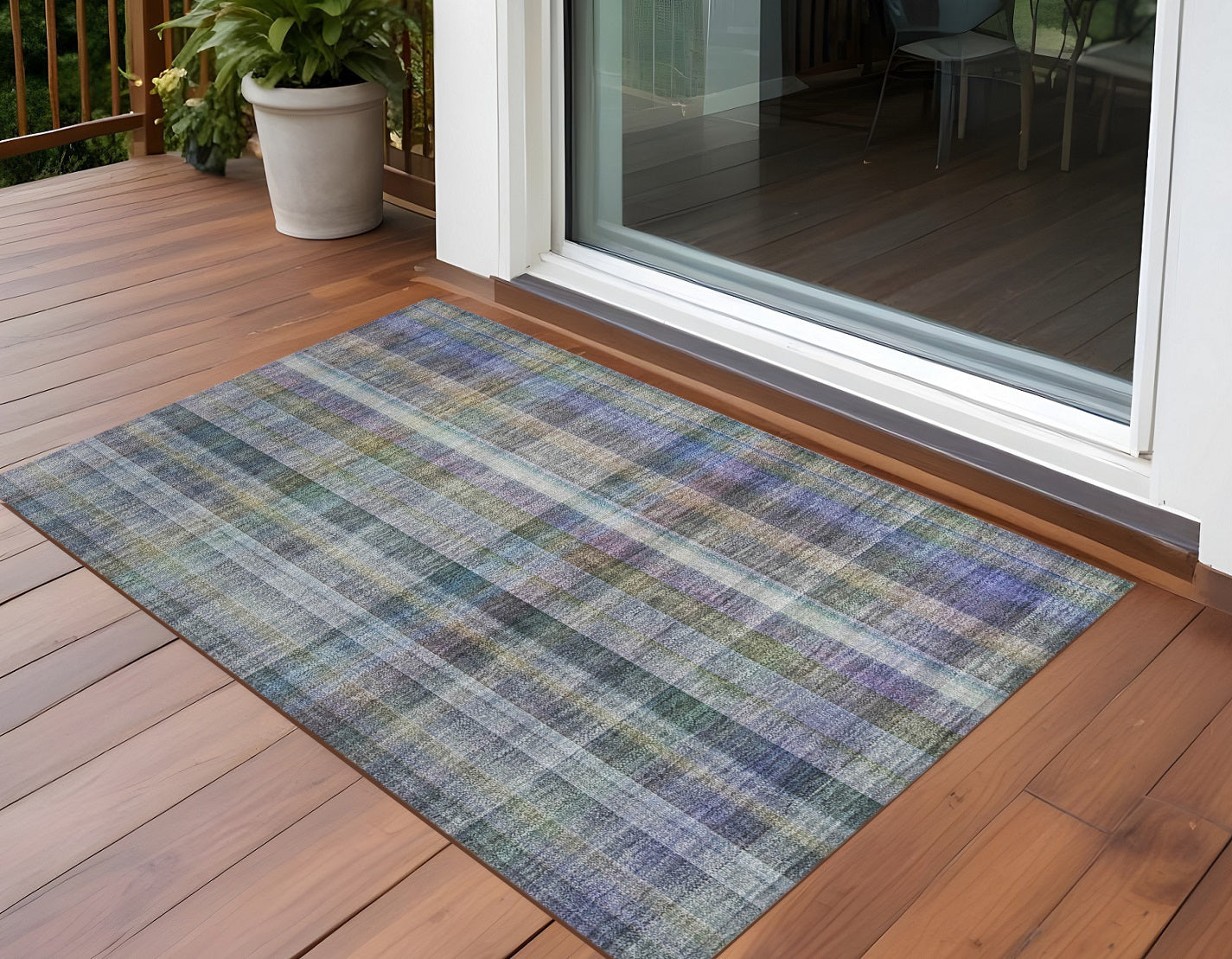 2' X 3' Green Plaid Washable Non Skid Indoor Outdoor Area Rug