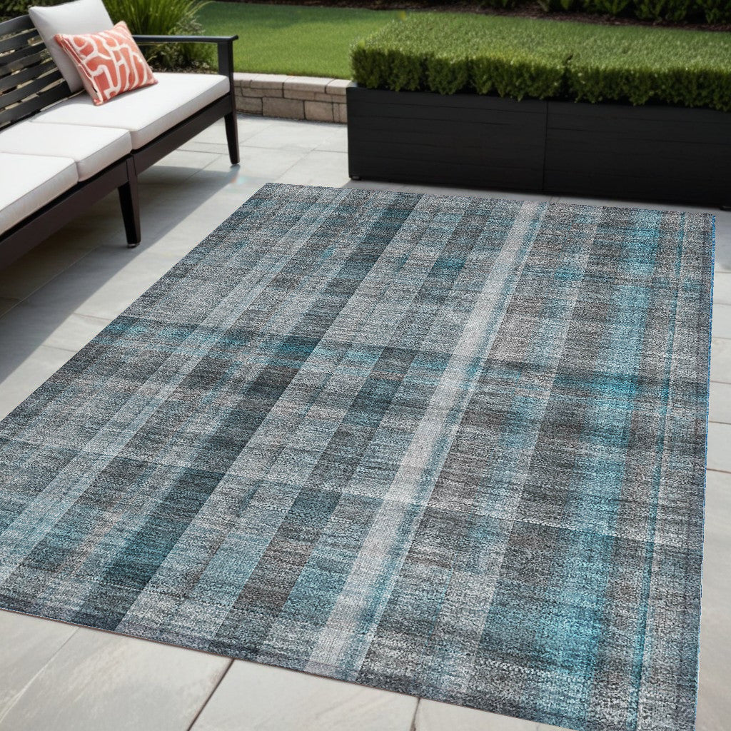 5' X 8' Teal Plaid Washable Non Skid Indoor Outdoor Area Rug