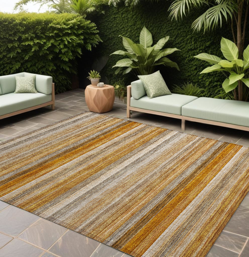 10' X 14' Brown And Orange Striped Washable Non Skid Indoor Outdoor Area Rug