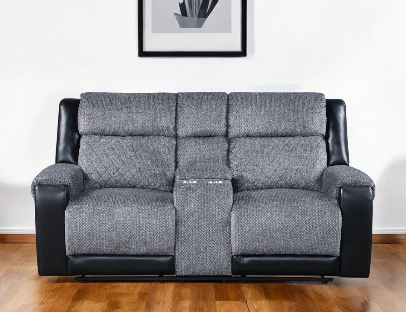 76'' Gray and Black Faux Leather and Microfiber Manual Reclining Loveseat With Storage