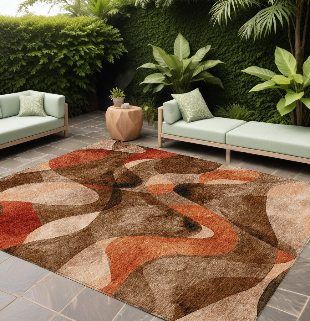 10' X 14' Chocolate Abstract Washable Non Skid Indoor Outdoor Area Rug