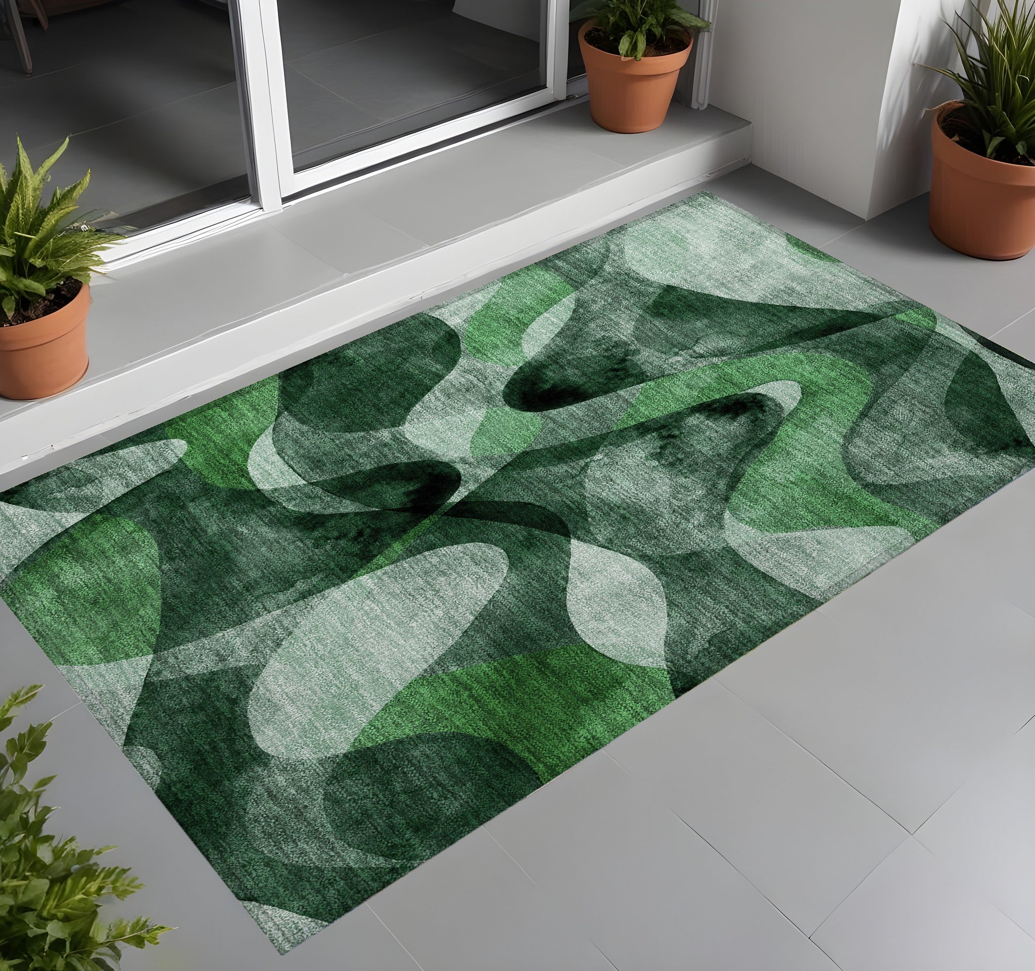 3' X 5' Fern Green Abstract Washable Non Skid Indoor Outdoor Area Rug
