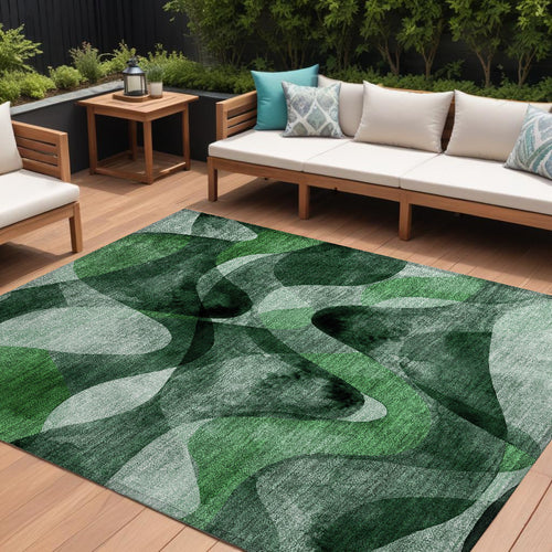 10' X 14' Fern Green Abstract Washable Non Skid Indoor Outdoor Area Rug