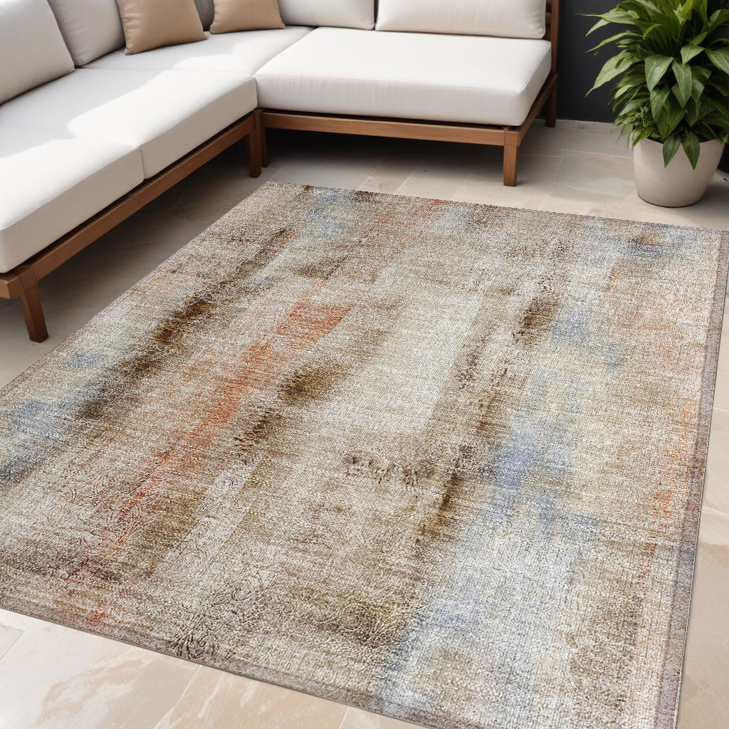 5' X 8' Beige And Brown Washable Non Skid Indoor Outdoor Area Rug