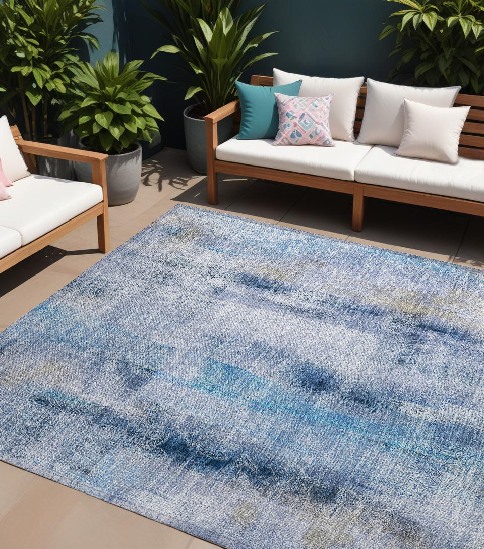 10' X 14' Blue Washable Non Skid Indoor Outdoor Area Rug