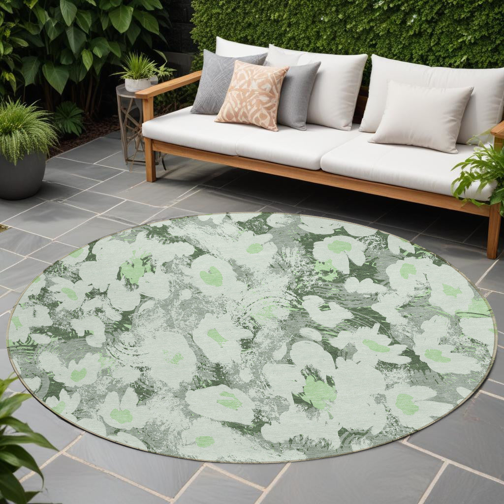 8' Round Artichoke Green Round Floral Washable Non Skid Indoor Outdoor Area Rug