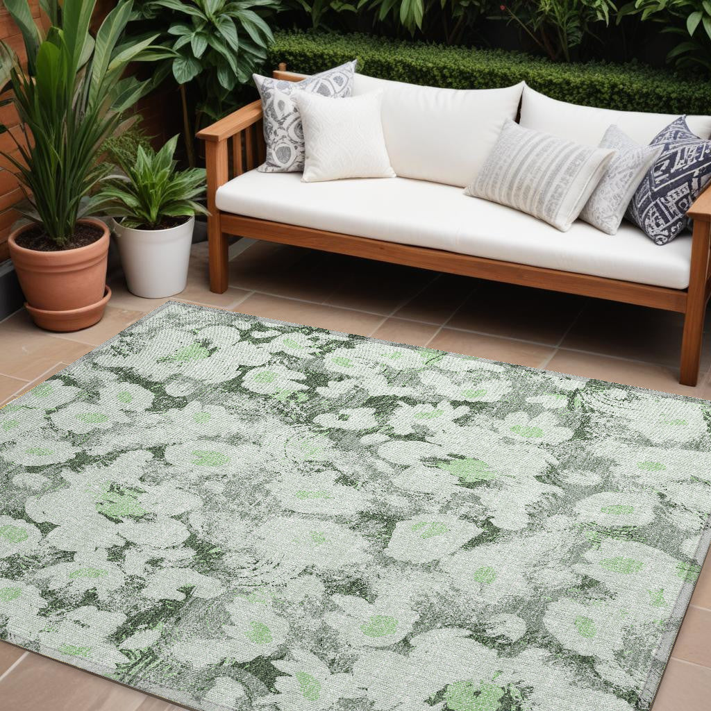 10' X 14' Artichoke Green Floral Washable Non Skid Indoor Outdoor Area Rug