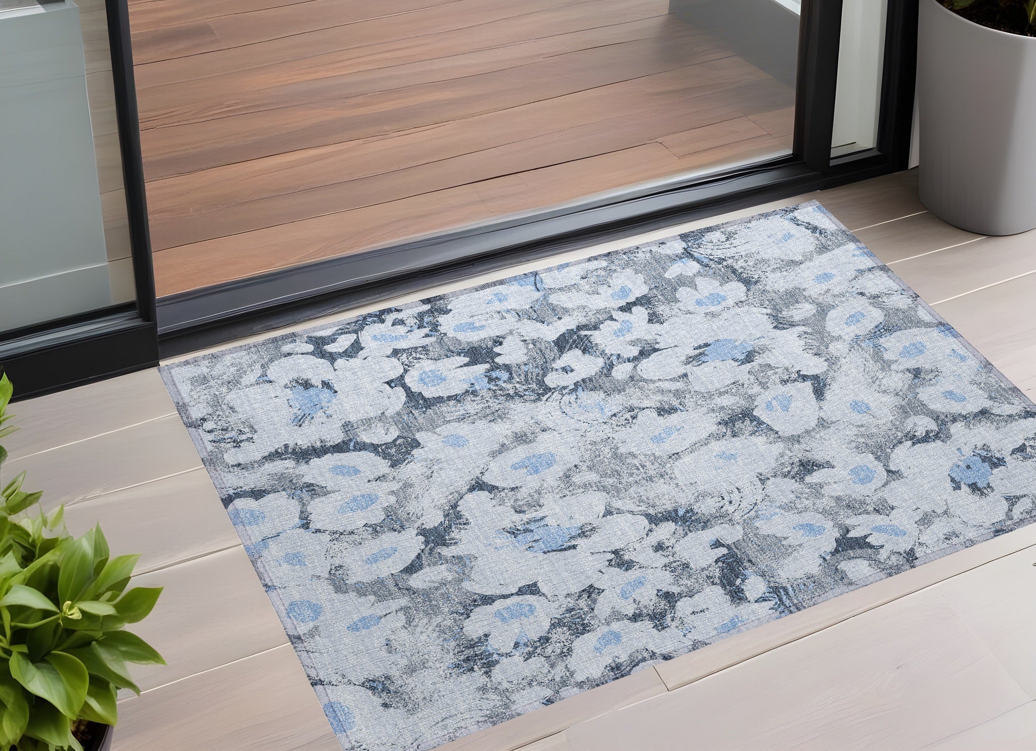2' X 3' Denim Blue Floral Washable Non Skid Indoor Outdoor Area Rug