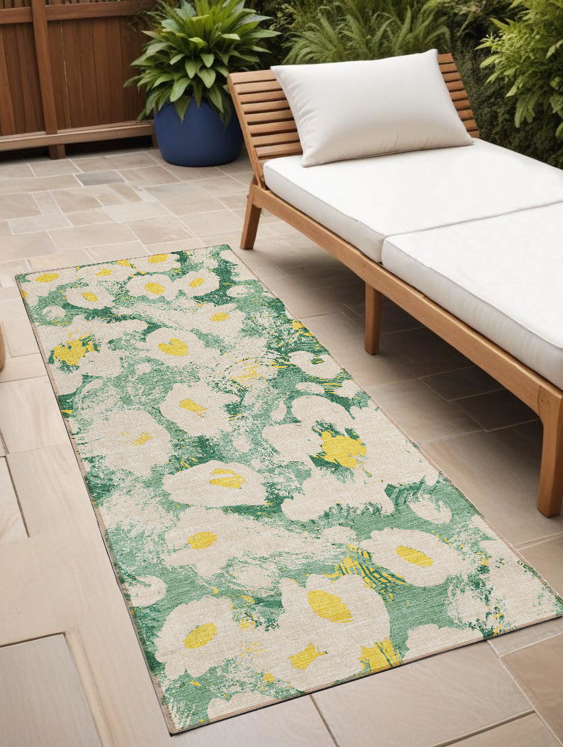 8' Runner Green Floral Washable Non Skid Indoor Outdoor Runner Rug