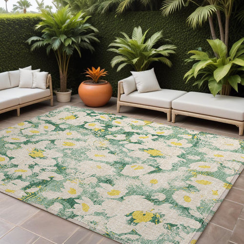 10' X 14' Green Floral Washable Non Skid Indoor Outdoor Area Rug